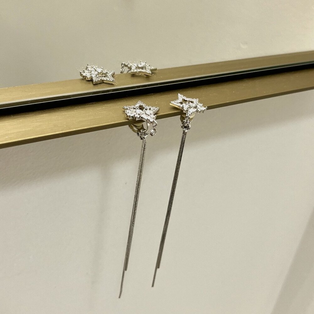 Sparkling Stones Shooting Star Silver Chain Dangle Clip On Earrings